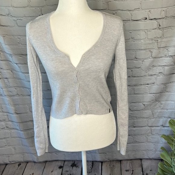 ribbed button down crop stretchy long sleeved top crew grey small - Picture 1 of 7